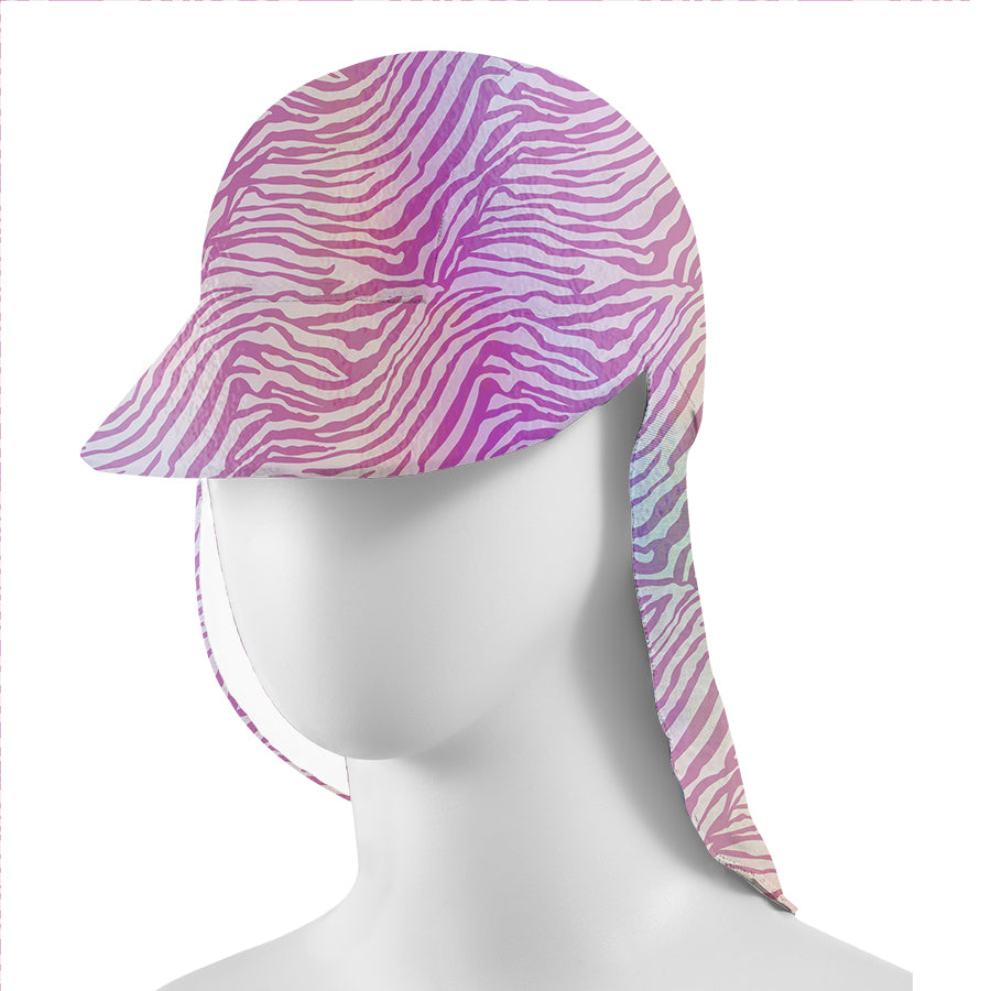 A pink and purple zebra striped sun hat on a mannequin head.