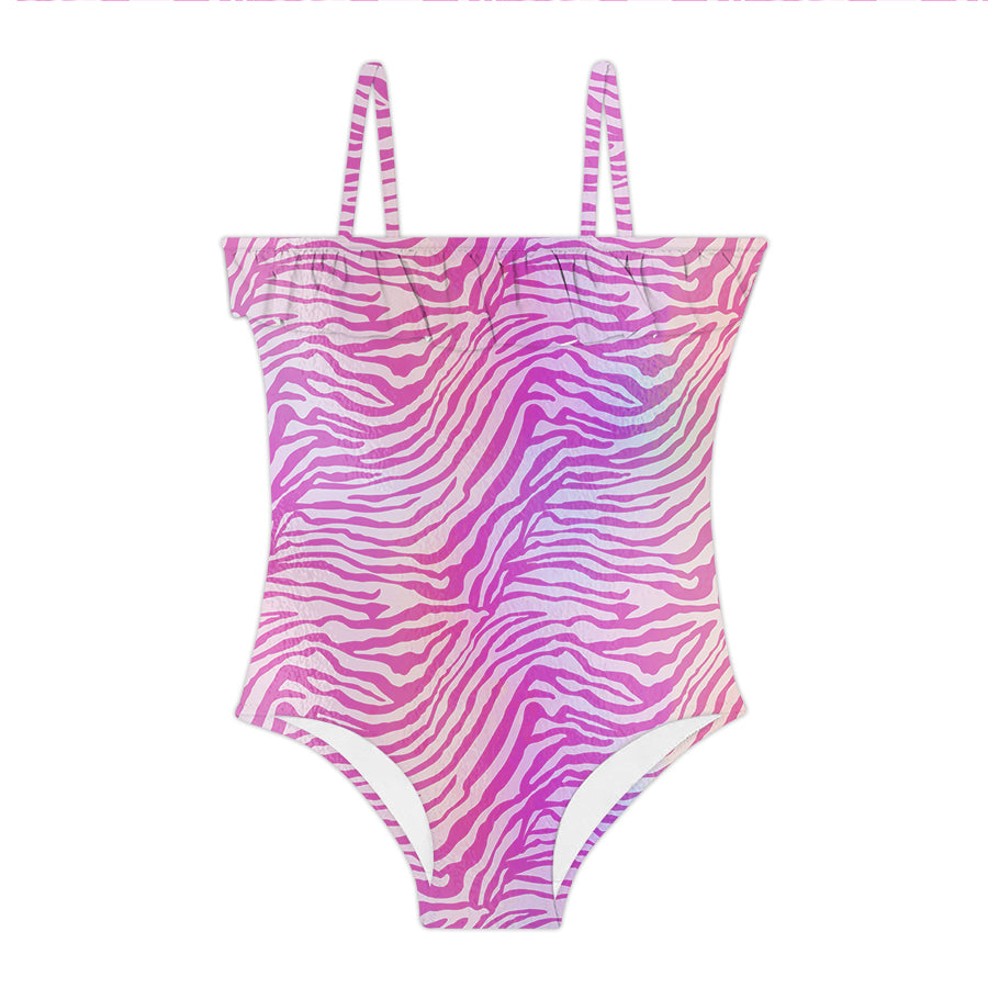 A pink and purple animal patterned swimsuit for kids